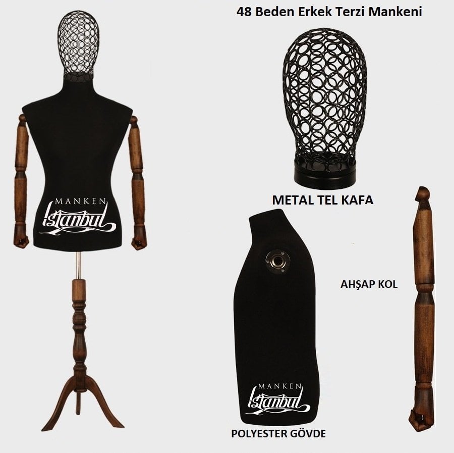 Erkek Tel Kafalı Ahşap Kollu Terzi Mankeni Vitrin Mankeni