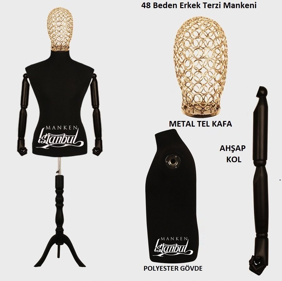 Erkek Tel Kafalı Ahşap Kollu Terzi Mankeni Vitrin Mankeni