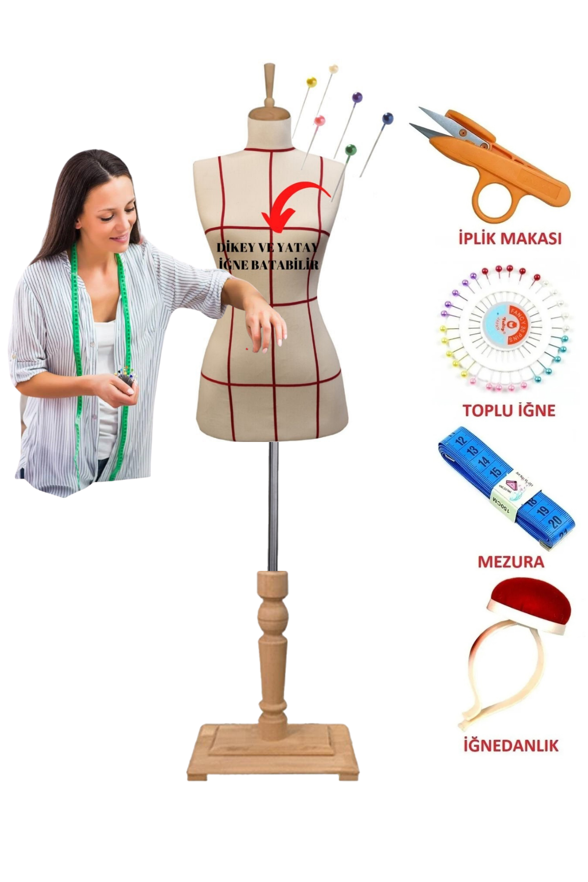 Dikiş Setli Lüks Ahşap Ayaklı Kılavuz Çizgili Terzi Mankeni