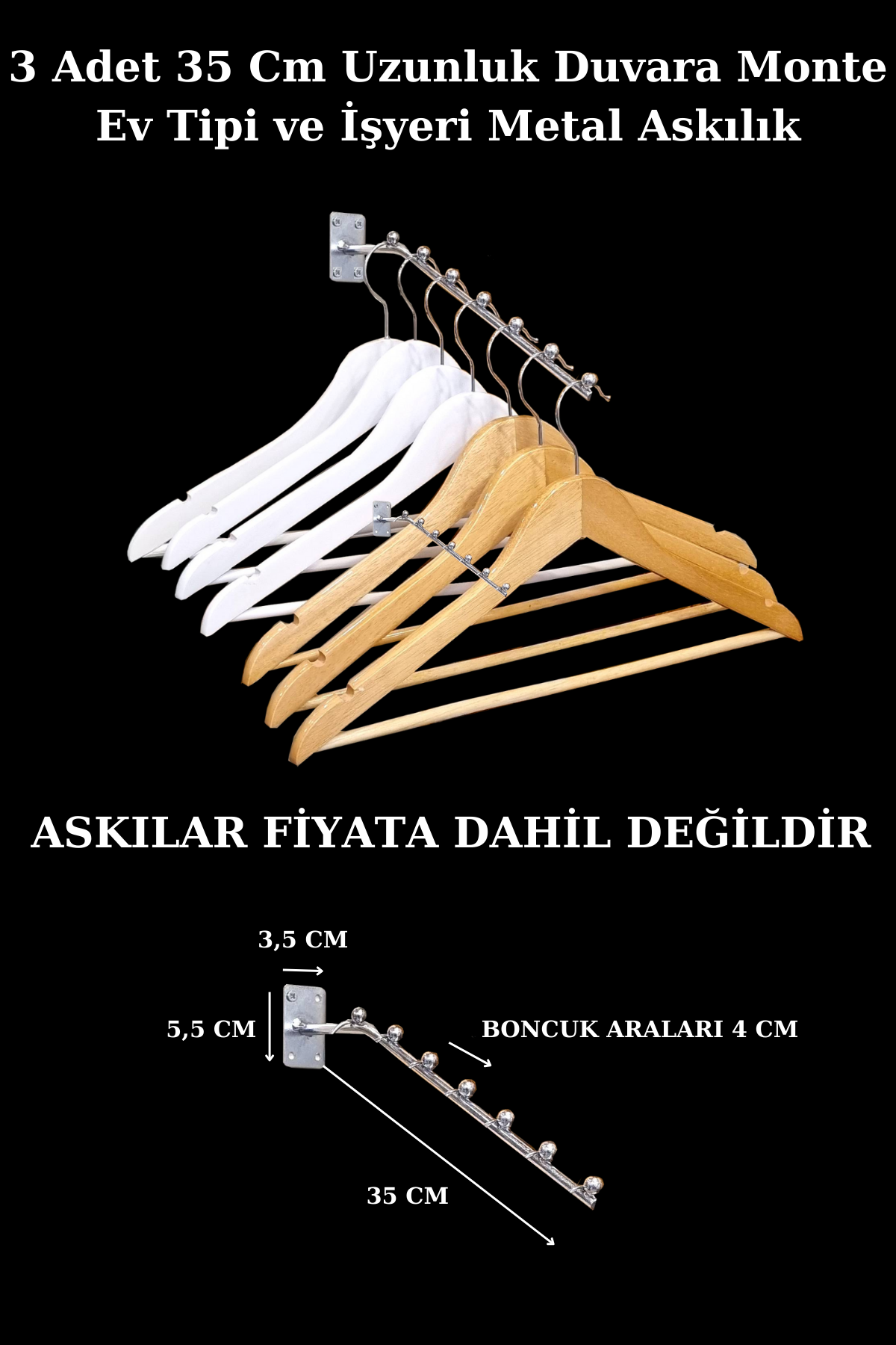 3 Adet 35 Cm Ev Ve İşyeri İçin Duvara Monte Eğimli Askılık SİYAH