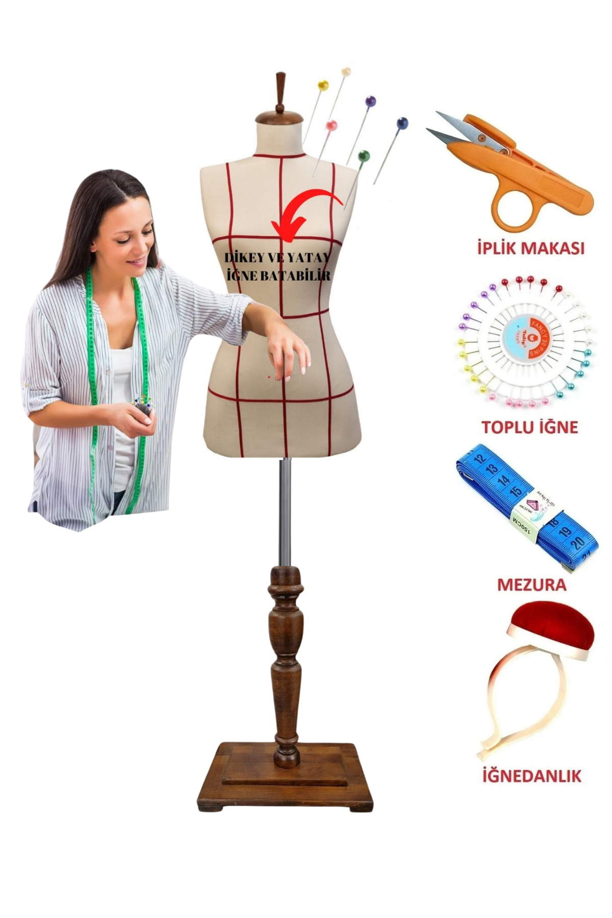 Dikiş Setli Lüks Ahşap Ayaklı Kılavuz Çizgili Terzi Mankeni