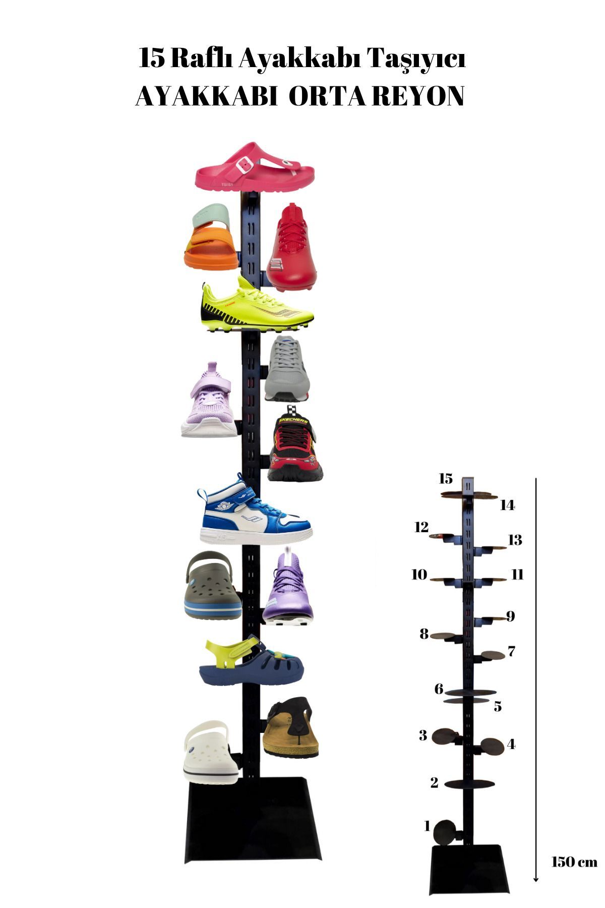 150cm Yükseklik 15 Adet Ayakkabı Raflı Ayakkabı Reyonu Ayakkabı Standı