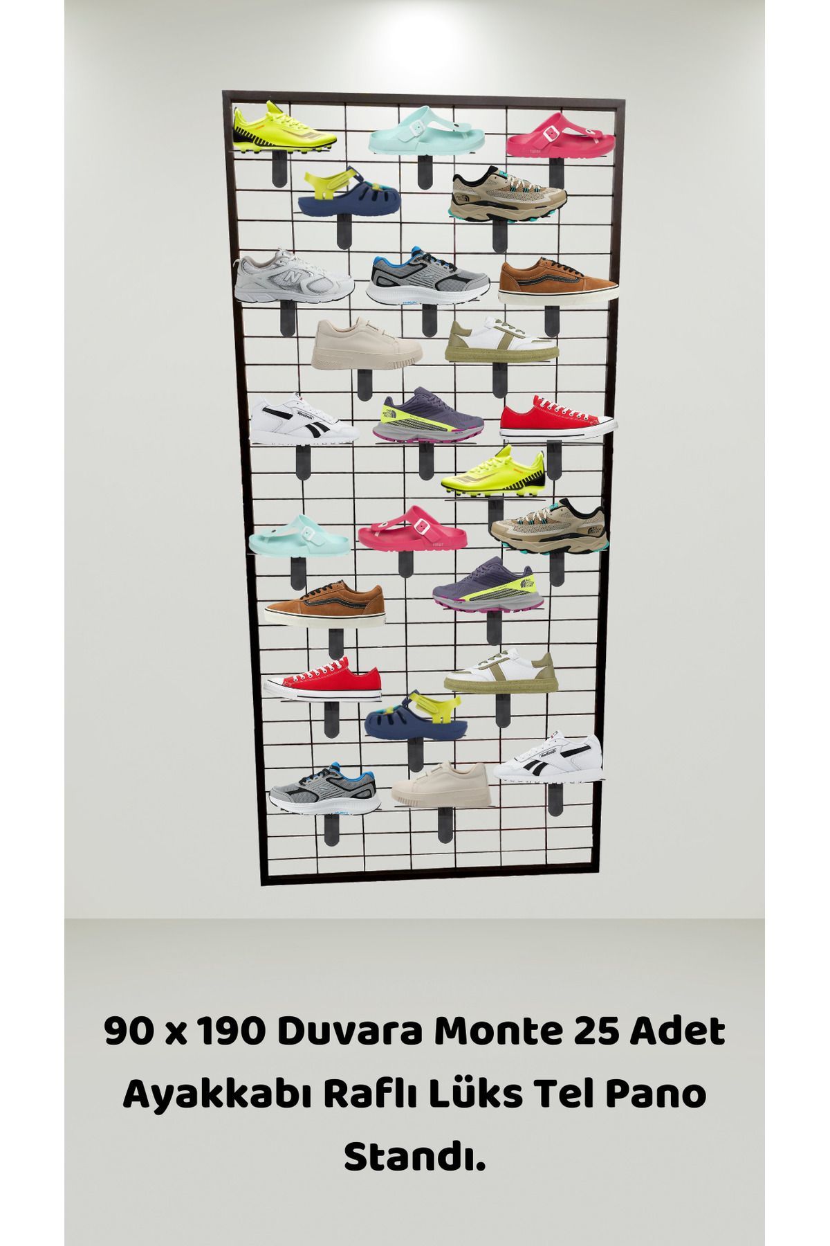 90x190 25 adet Ayakkabı Raflı Duvara Monte Tel Pano Standı