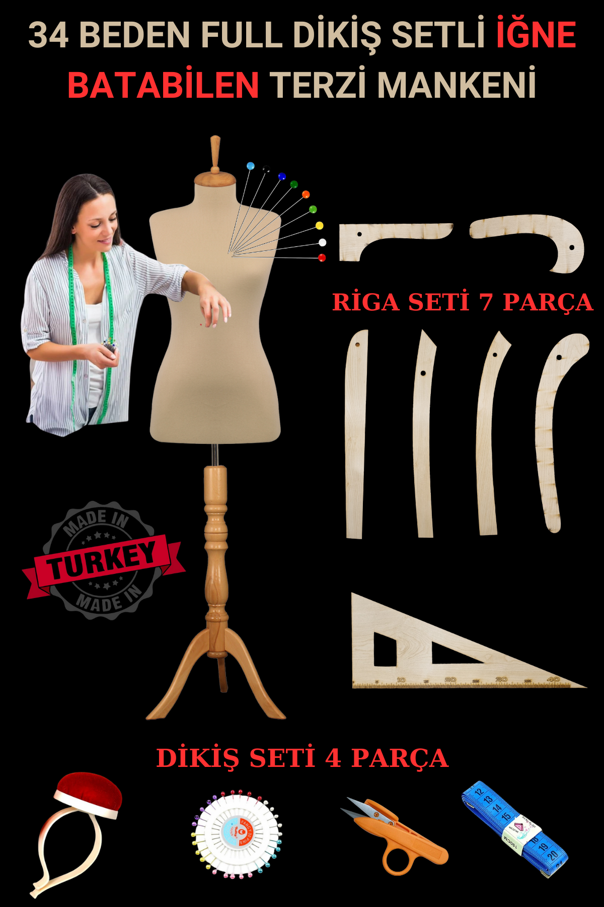 Riga ve Dikiş Setli Yatay ve Dikey İğne Batabilen Terzi Mankeni