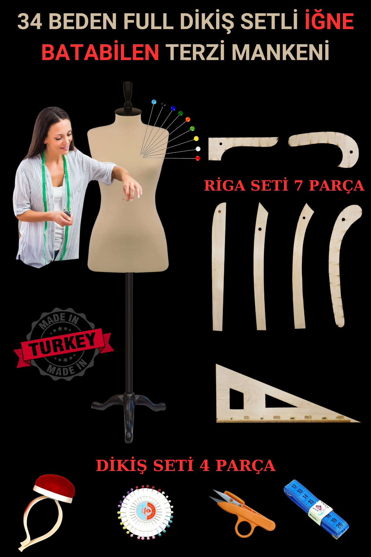 Riga - Dikiş Setli Yatay ve Dikey İğne Batan Terzi Mankeni