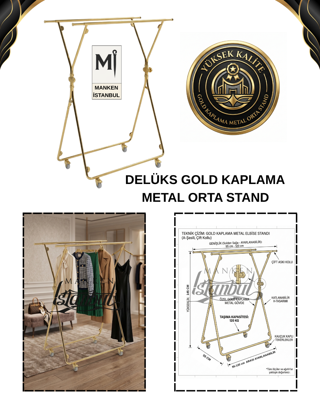 Yüksek Kalite Çift Askılı Gold Kaplama Katlanabilir Metal Orta Stand
