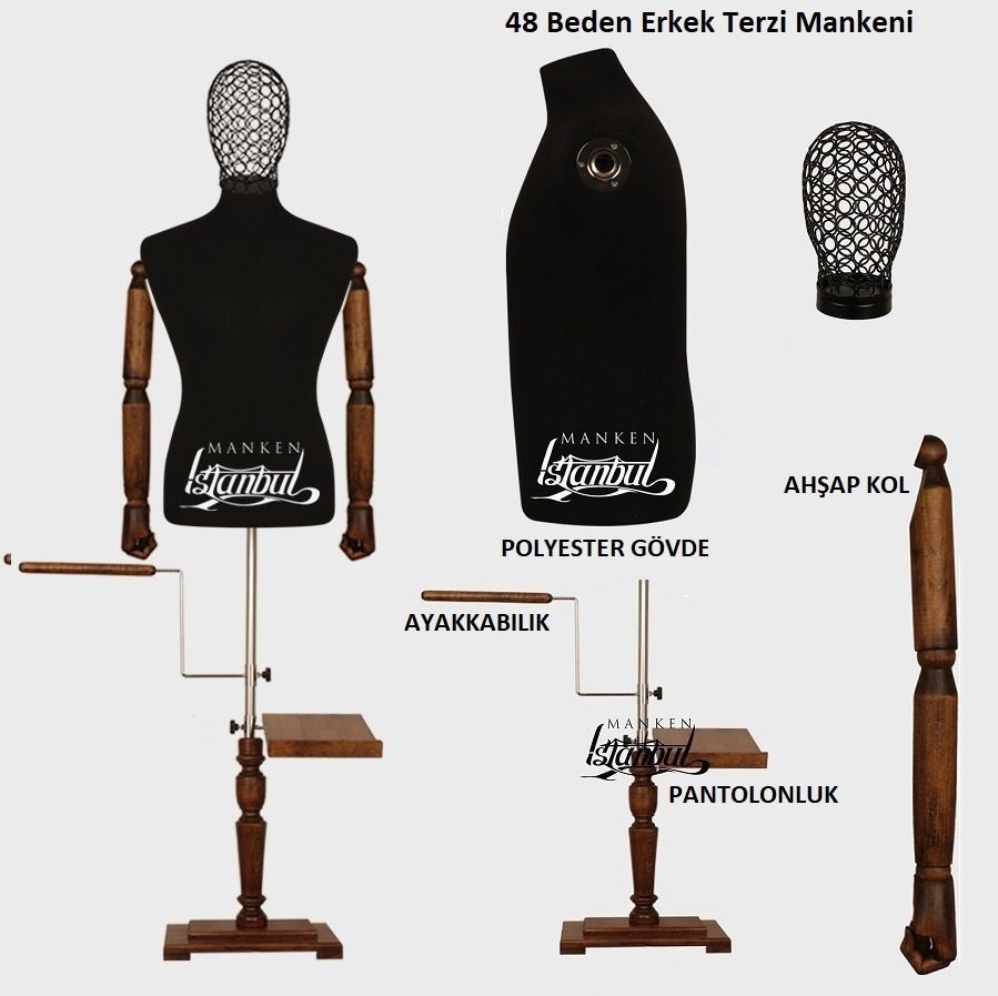 Erkek Tel Kafalı Ahşap Kollu Lüks Ayaklı Terzi Mankeni Vitrin Mankeni