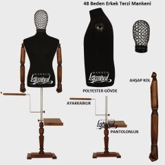 Erkek Tel Kafalı Ahşap Kollu Lüks Ayaklı Terzi Mankeni Vitrin Mankeni