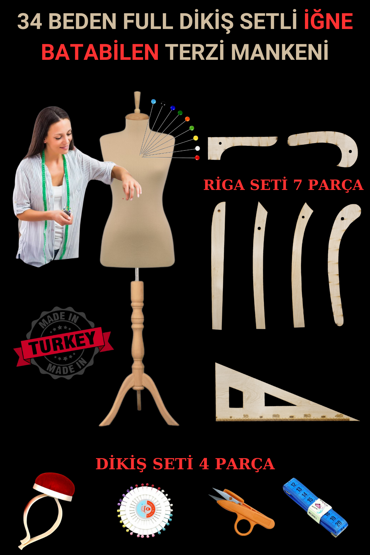 Riga ve Dikiş Setli Yatay ve Dikey İğne Batabilen Terzi Mankeni