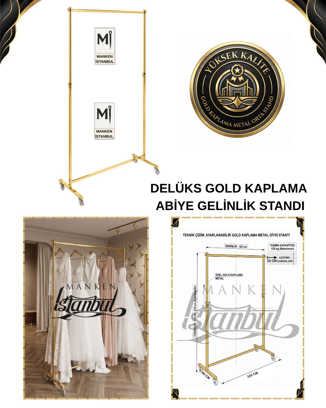 Gold Kaplama Yüksekli Ayarlı Tekerlekli Abiye Gelinlik Standı