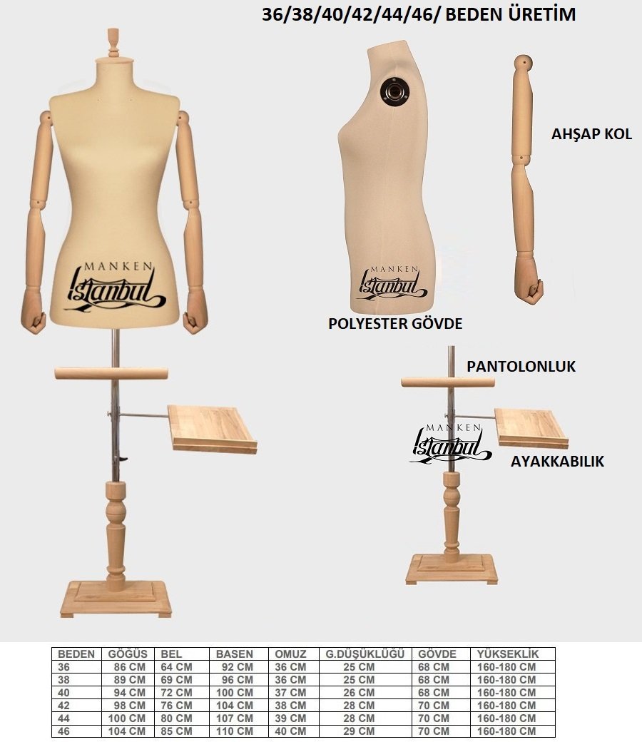 Bayan Lüks Ayaklı Ahşap Kukla Kollu Kollu Lüks Ayaklı Terzi Mankeni Vitrin Mankeni