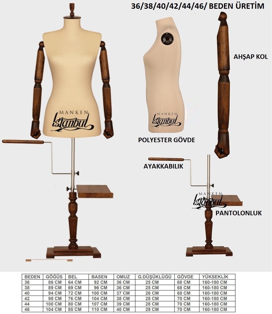 Bayan Lüks Ayaklı Ahşap Kukla Kollu Lüks Ayaklı Terzi Mankeni Vitrin Mankeni