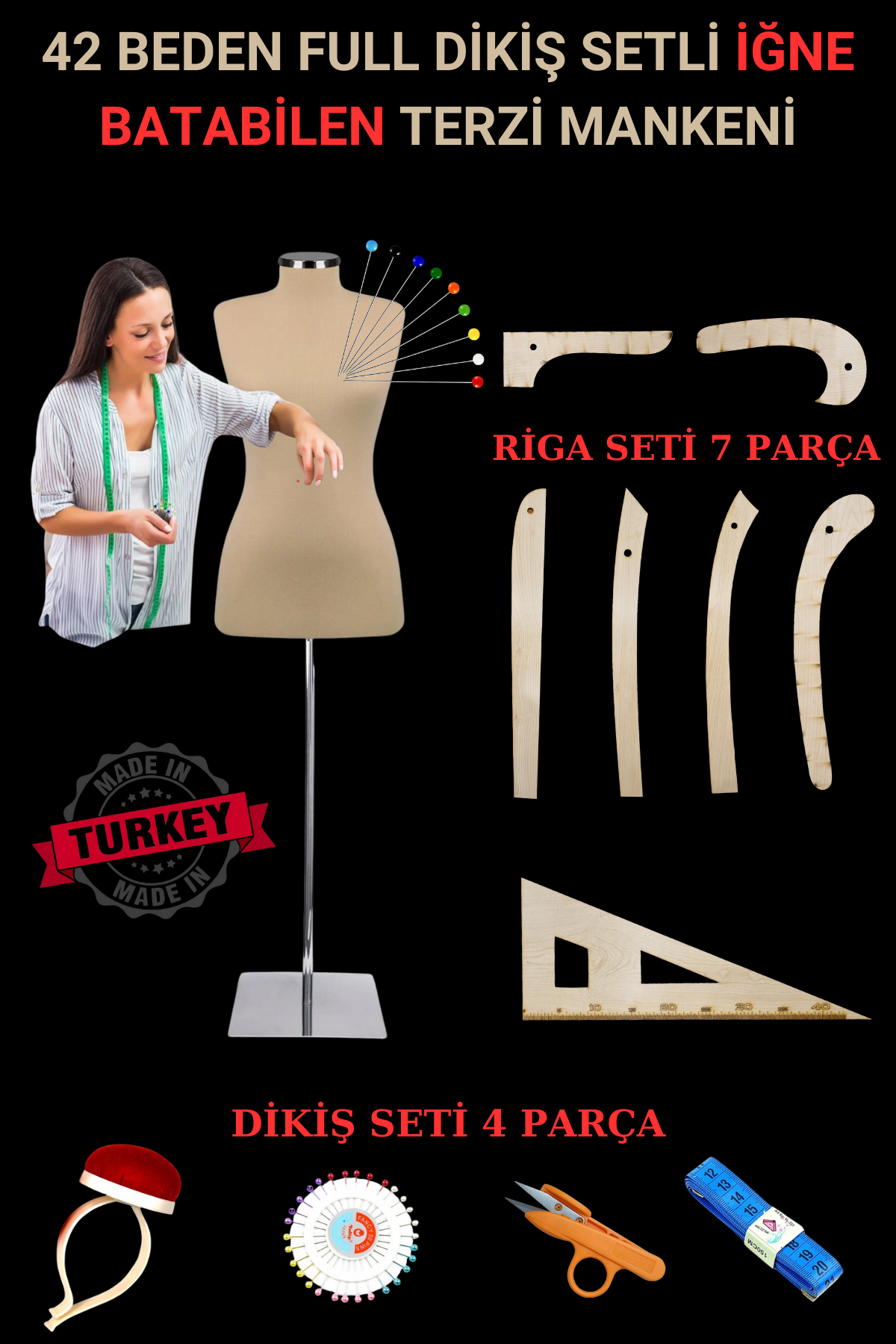 Riga ve Dikiş Setli Yatay ve Dikey İğne Batabilen Terzi Mankeni 42 beden
