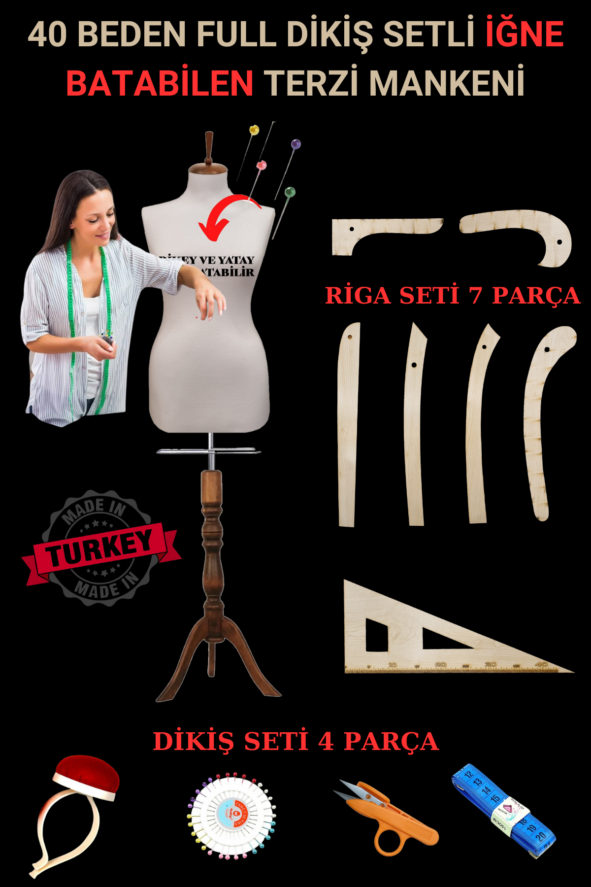 Riga - Dikiş Setli Yatay ve Dikey İğne Batan Terzi Mankeni 40 beden