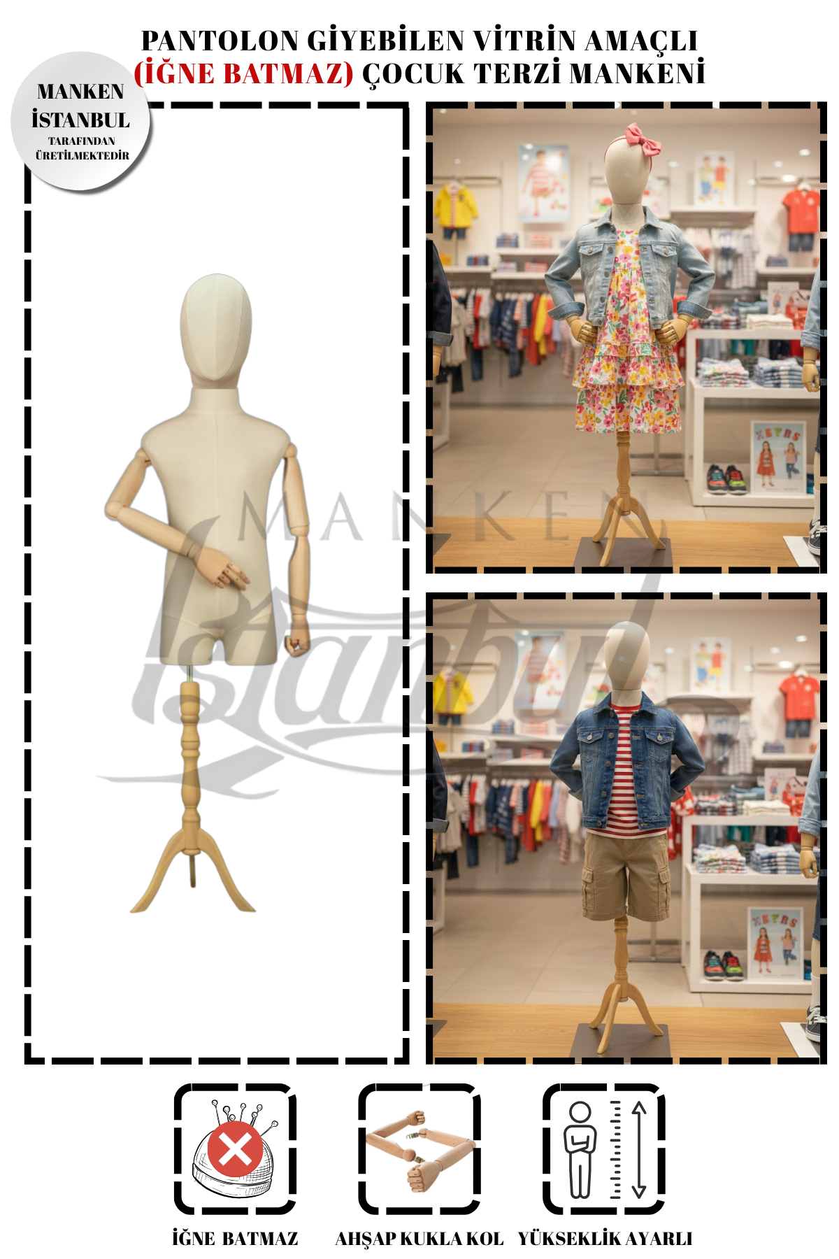 Keten Kumaş Kumaş Kafa Ahşap Kollu Çocuk Terzi Mankeni Vitrin Mankeni