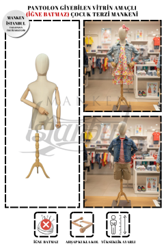 Keten Kumaş Ahşap Kollu Kafalı Çocuk Terzi Vitrin Mankeni