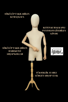 Keten Kumaş Kumaş Kafa Ahşap Kollu Çocuk Terzi Mankeni Vitrin Mankeni