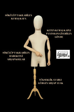 Keten Kumaş Kumaş Kafa Ahşap Kollu Çocuk Terzi Mankeni Vitrin Mankeni 2 yaş