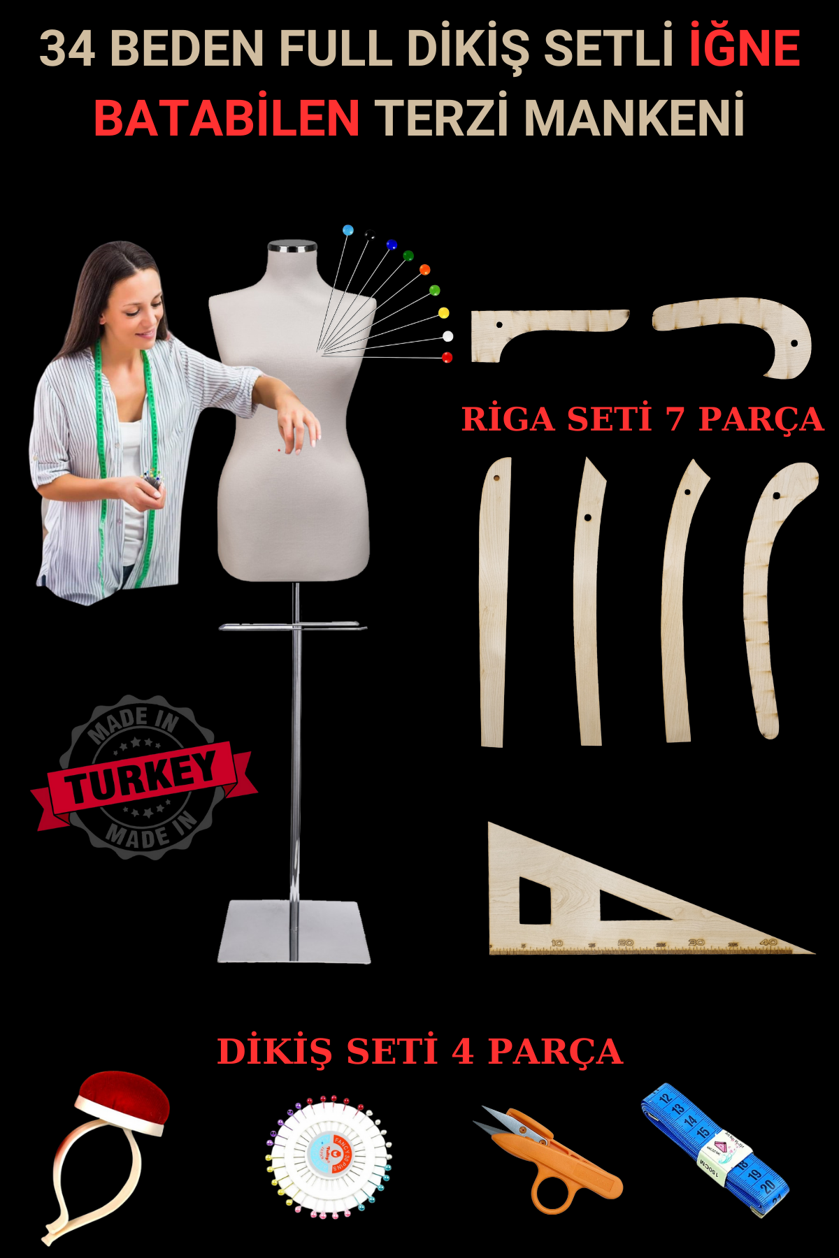 Riga - Dikiş Setli Yatay ve Dikey İğne Batan Terzi Mankeni