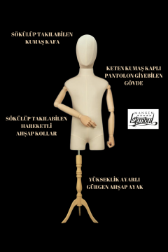 Keten Kumaş Ahşap Kollu Kafalı Çocuk Terzi Vitrin Mankeni 4 yaş