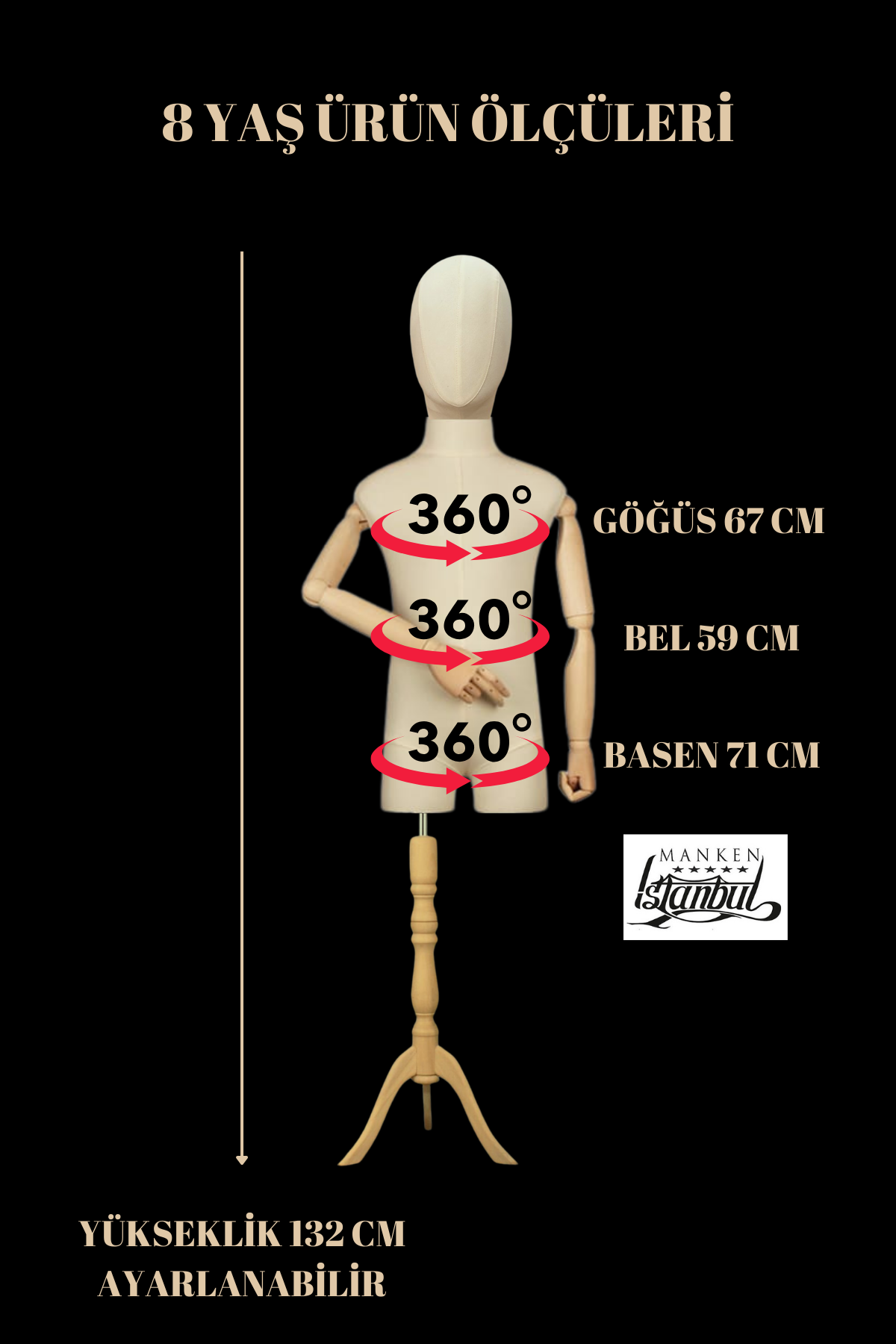 Keten Kumaş Kumaş Kafa Ahşap Kollu Çocuk Terzi Mankeni Vitrin Mankeni 8 yaş