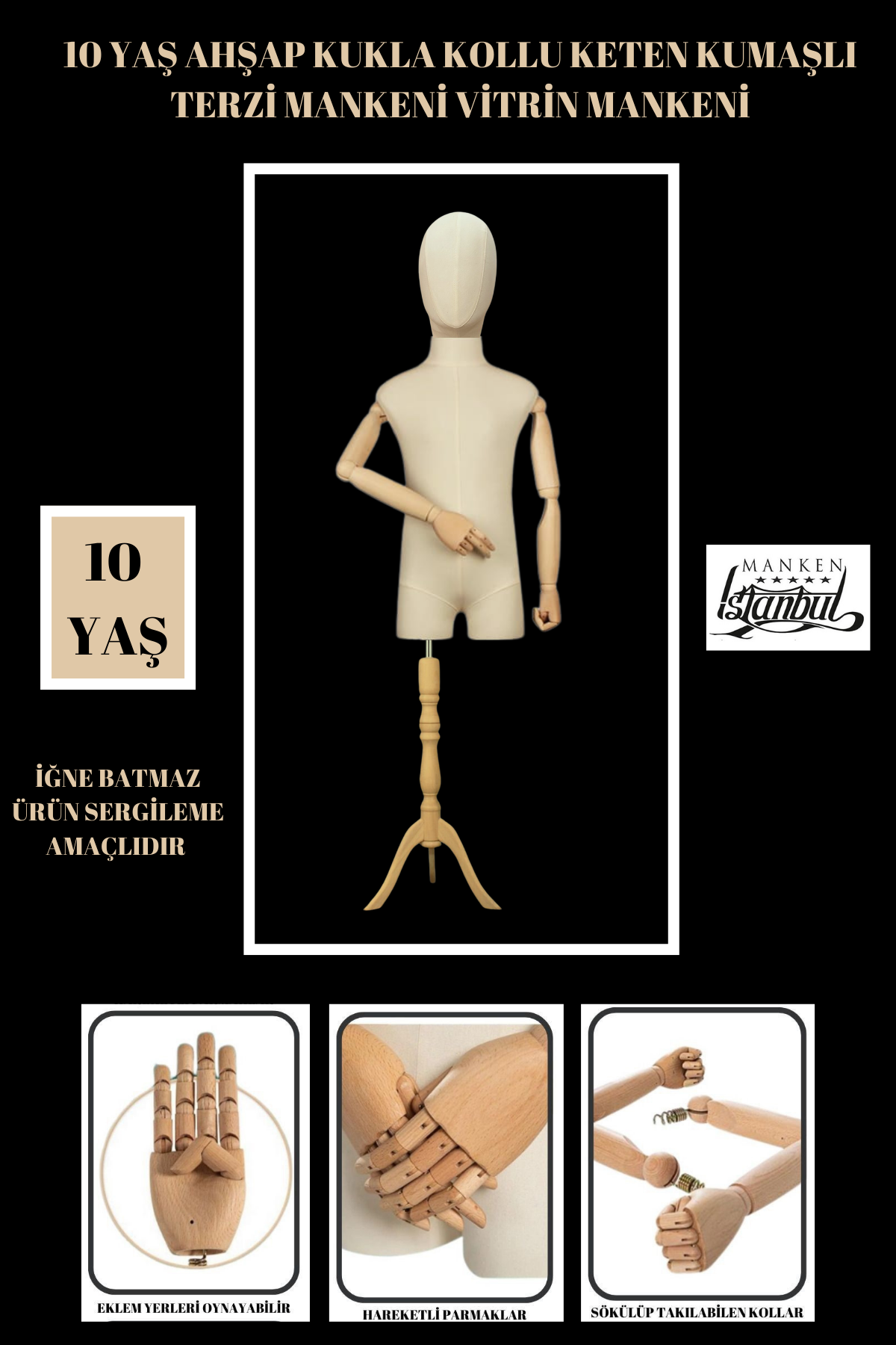 Keten Kumaş Kumaş Kafa Ahşap Kollu Çocuk Terzi Mankeni Vitrin Mankeni 10 yaş