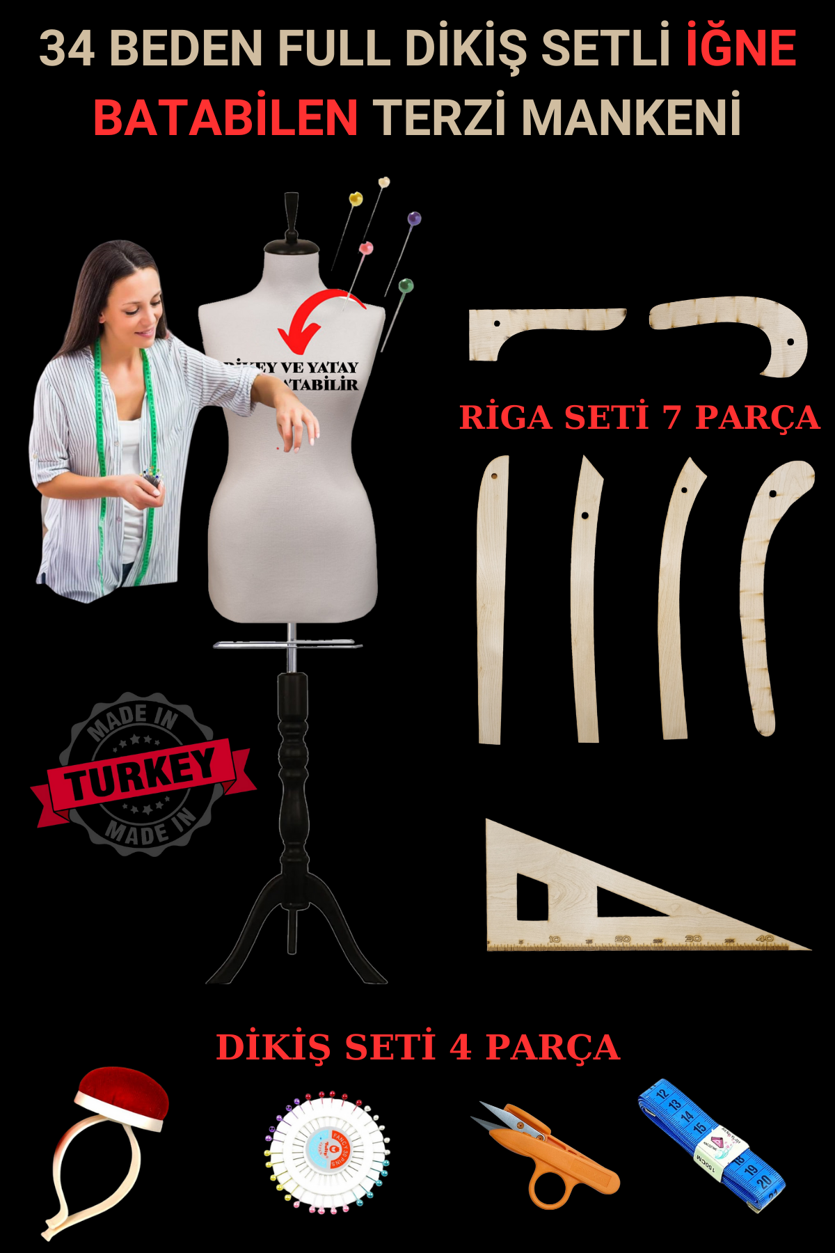 Riga ve Dikiş Setli Yatay ve Dikey İğne Batabilen Terzi Mankeni