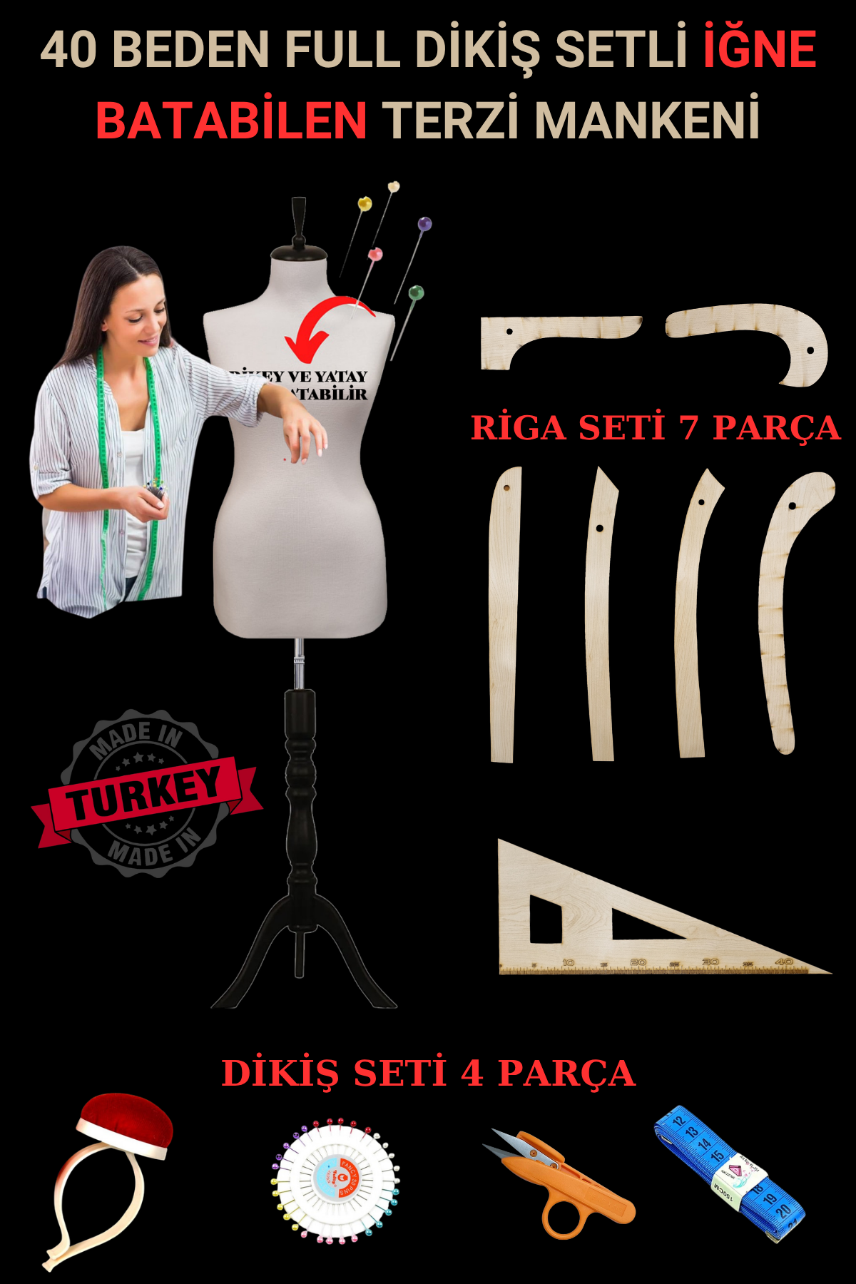 Riga - Dikiş Setli Yatay ve Dikey İğne Batan Terzi Mankeni 40 beden