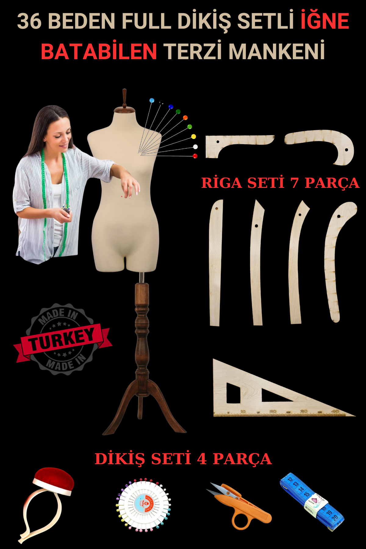 36 Beden Riga ve Dikiş Setli Yatay ve Dik İğne Batabilen Terzi Mankeni