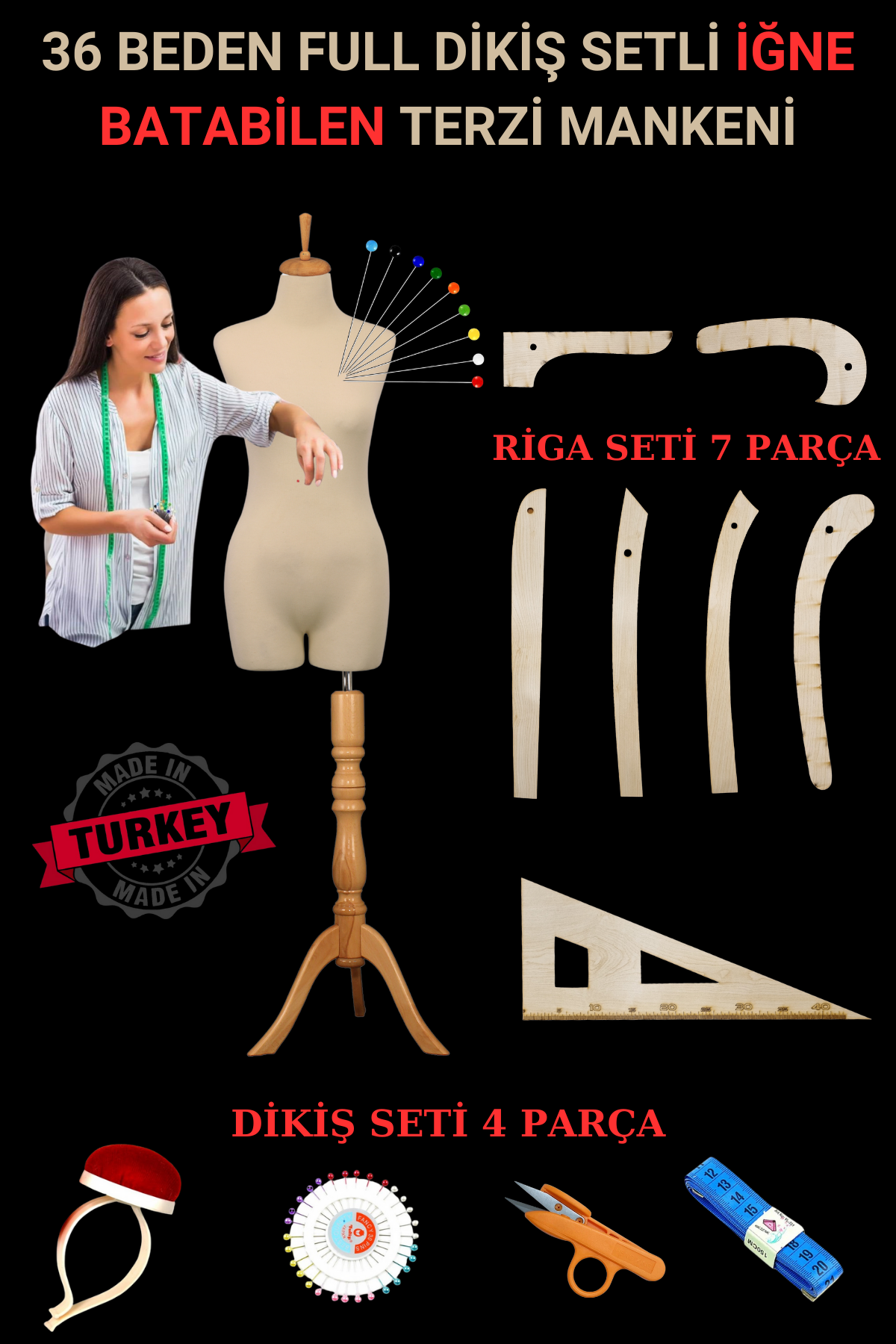 36 Beden Riga ve Dikiş Setli Yatay ve Dik İğne Batabilen Terzi Mankeni