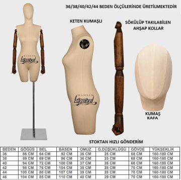 Keten Kumaş Paçalı Ahşap Kollu Terzi Mankeni Vitrin Mankeni 46 beden