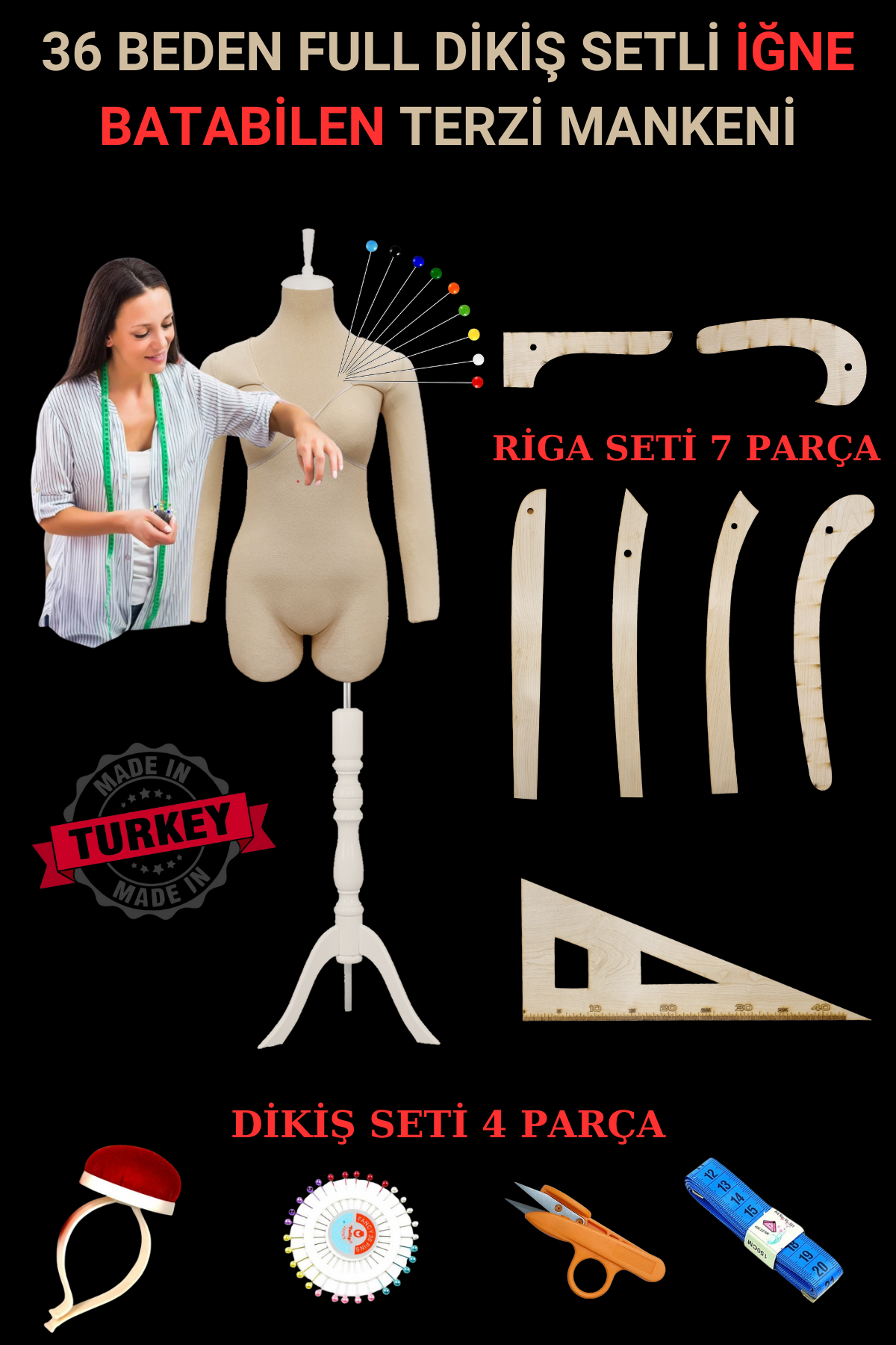 36 Beden Riga ve Dikiş Setli Seyyar Kollu İğne Batabilen Terzi Mankeni