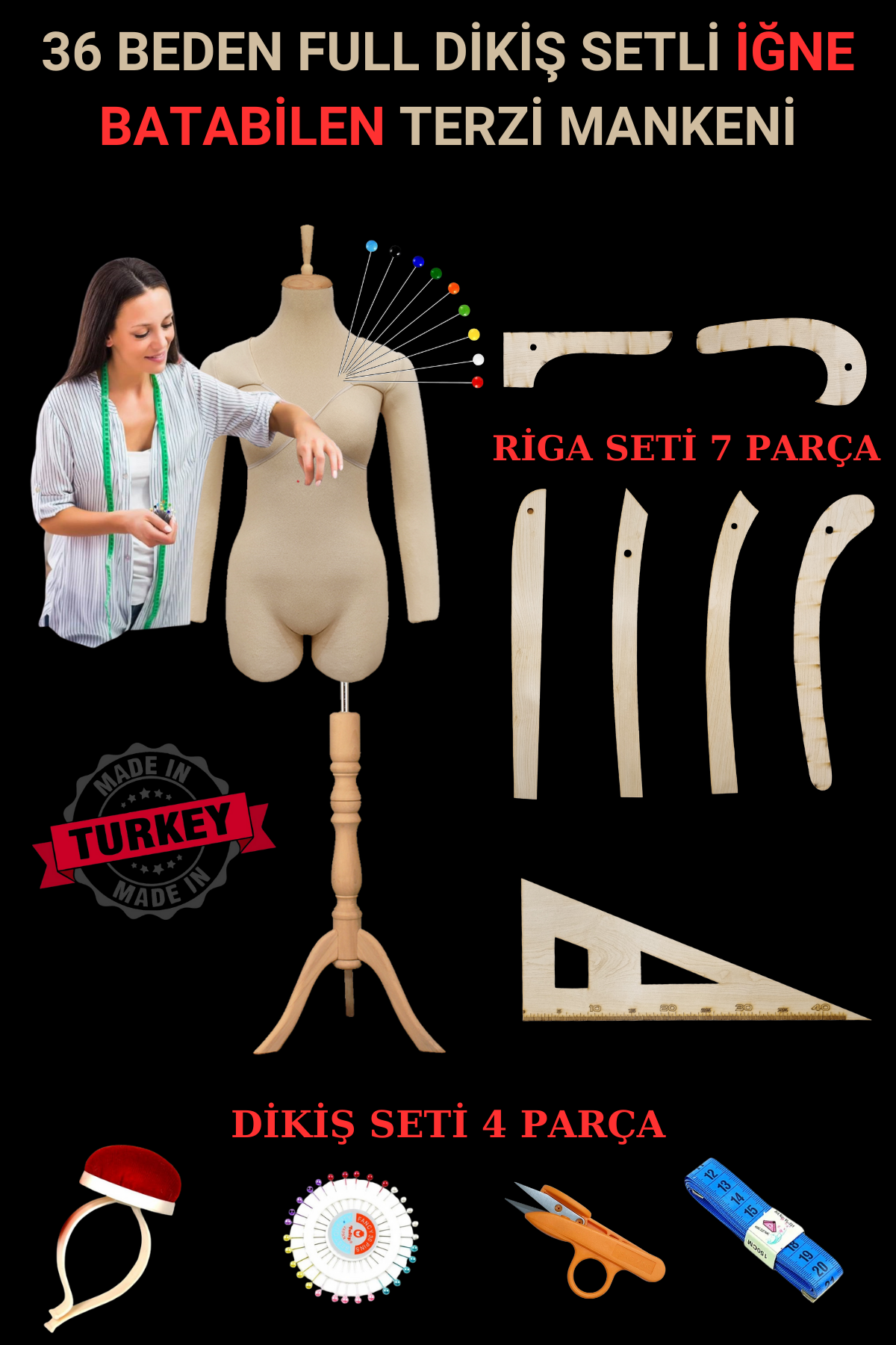 36 Beden Riga ve Dikiş Setli Seyyar Kollu İğne Batabilen Terzi Mankeni