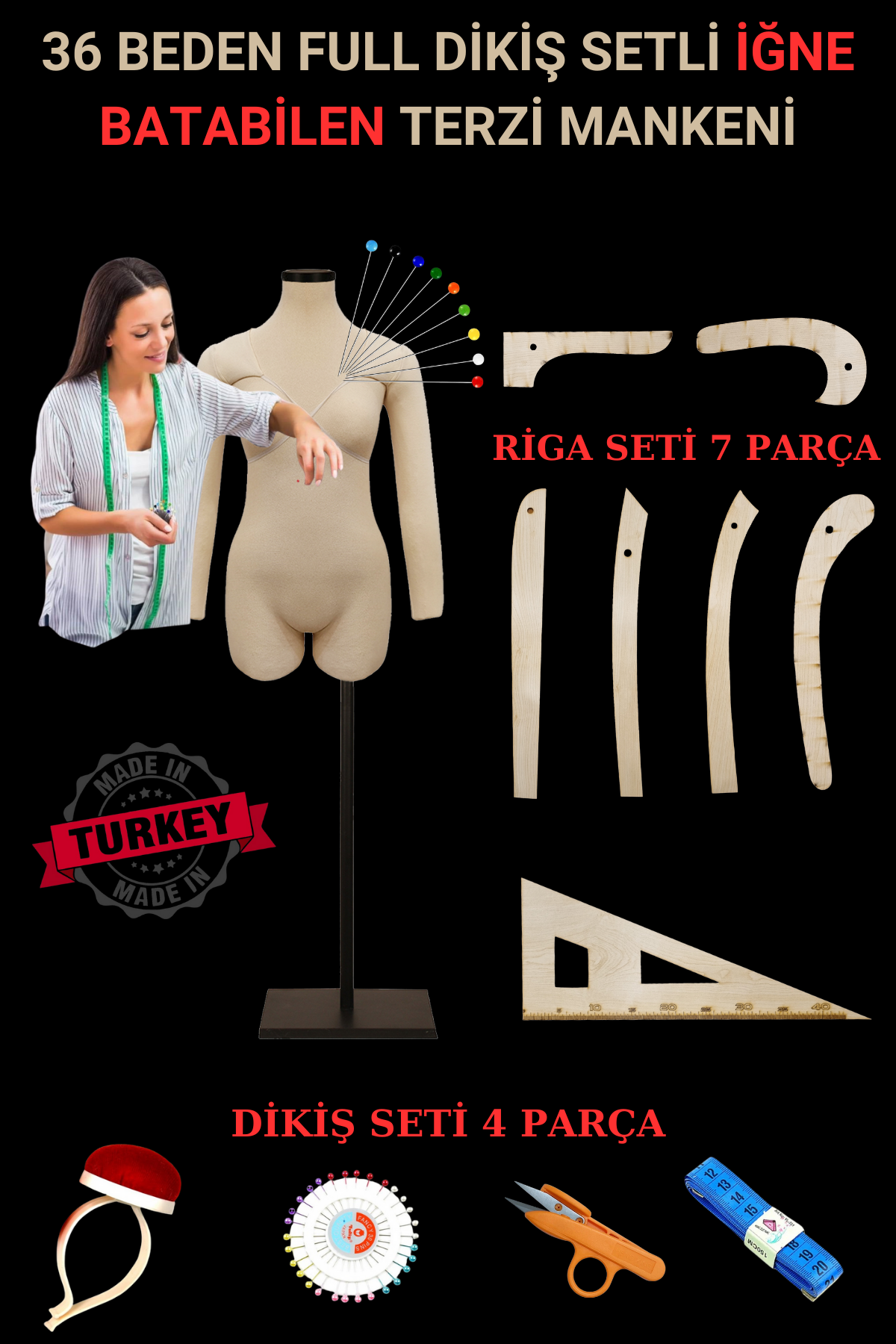 36 Beden Riga ve Dikiş Setli Seyyar Kollu İğne Batabilen Terzi Mankeni
