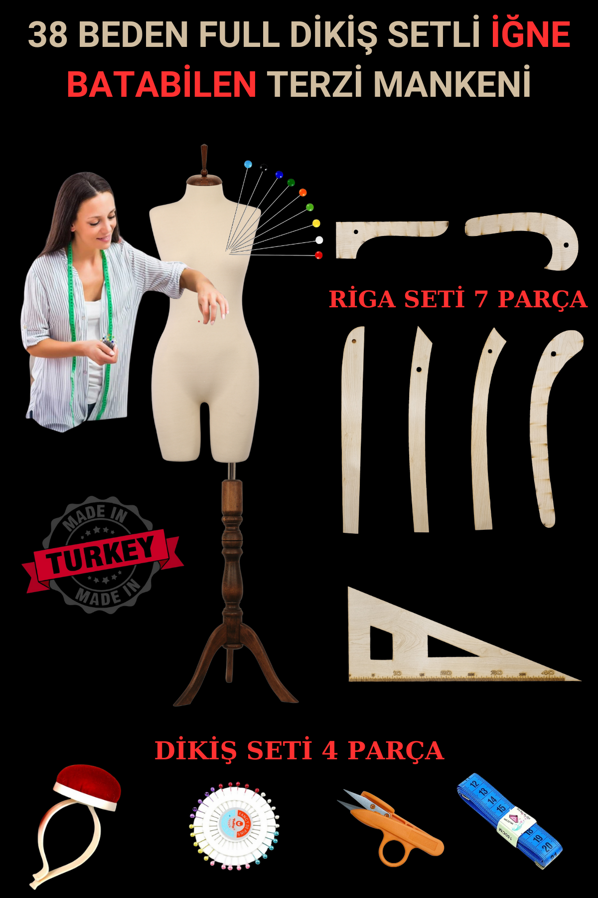 38 Beden Riga ve Dikiş Seti Dik ve Yatay İğne Batabilen Terzi Mankeni