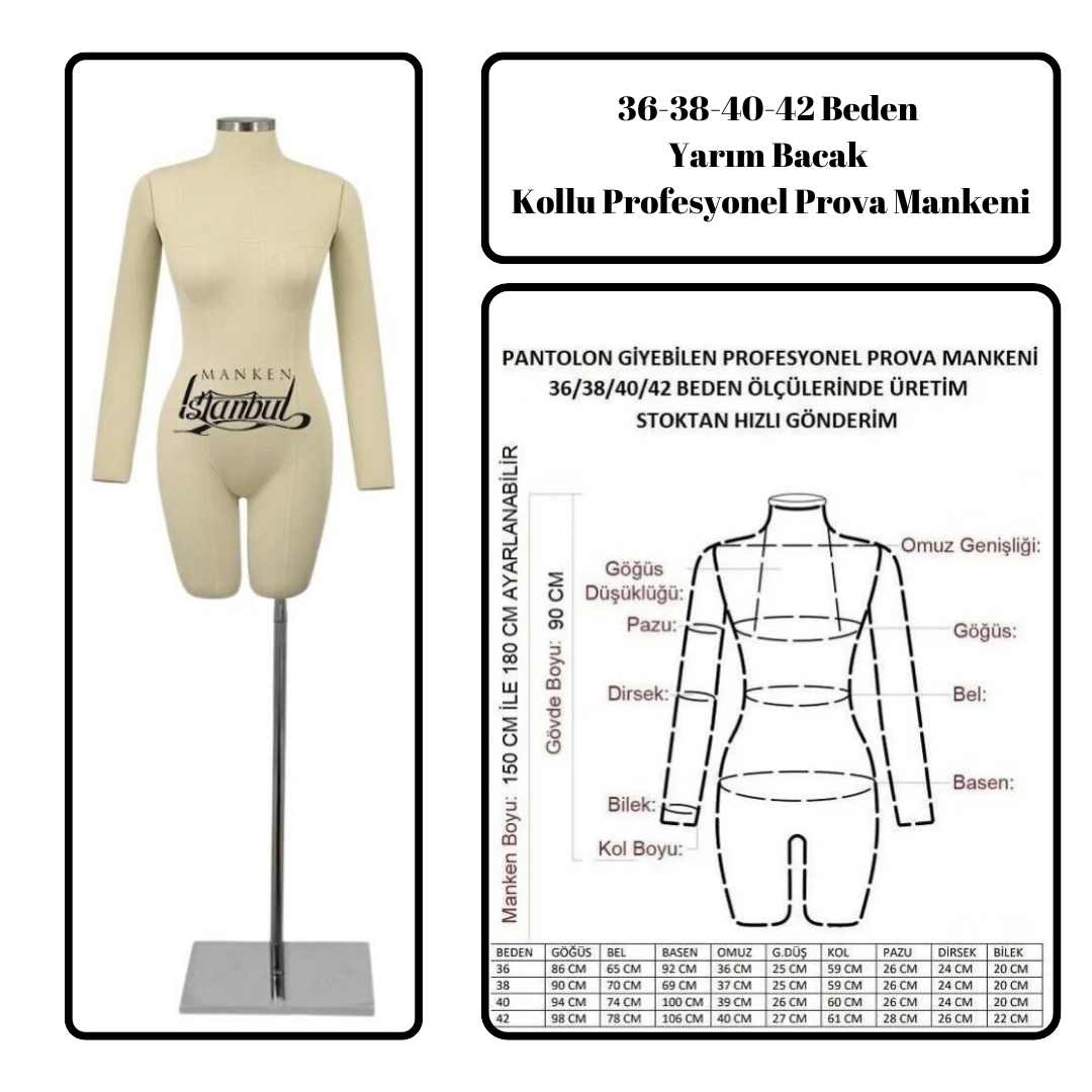 Bayan profesyonel kollu terzi mankeni, prova mankeni