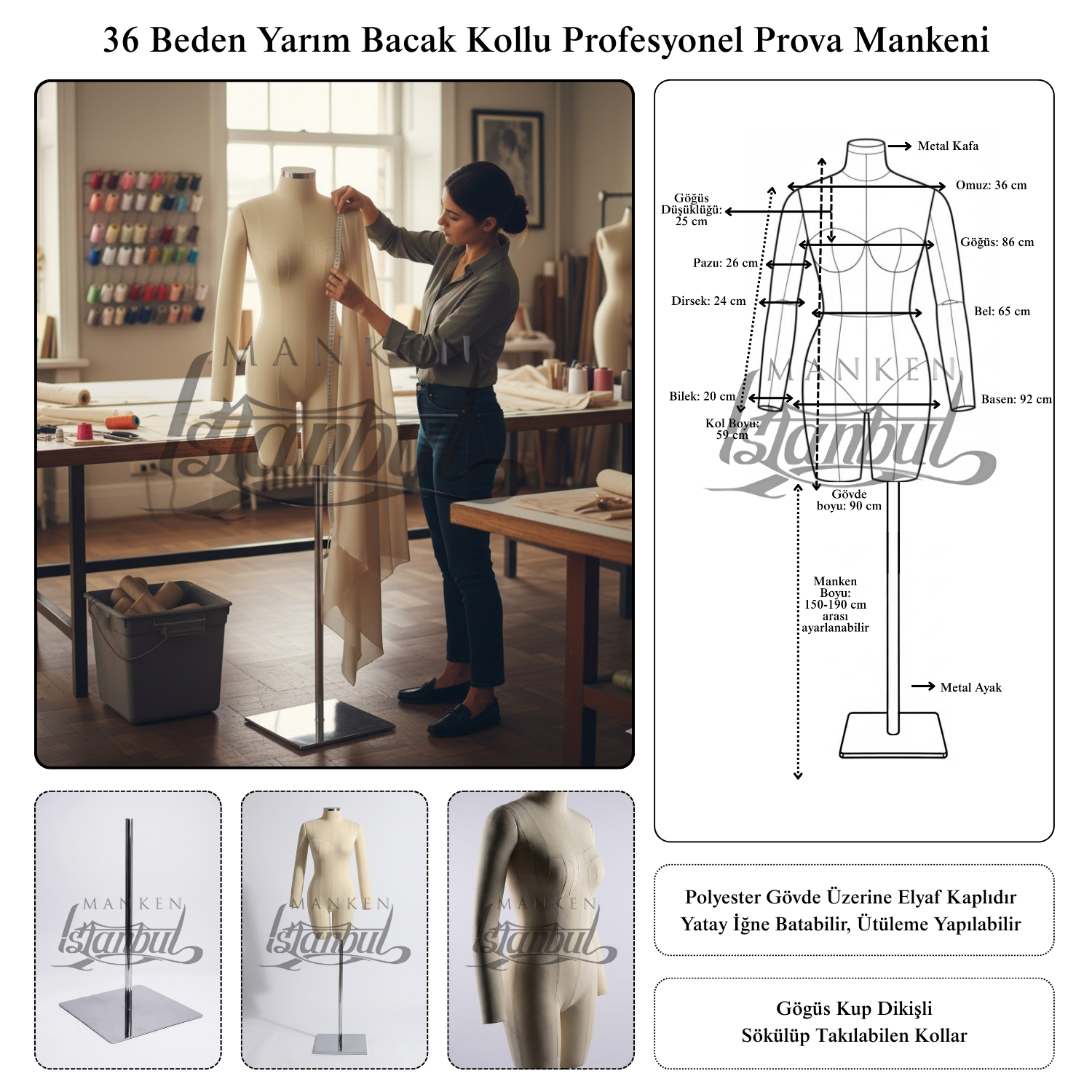 Bayan profesyonel kollu terzi mankeni, prova mankeni