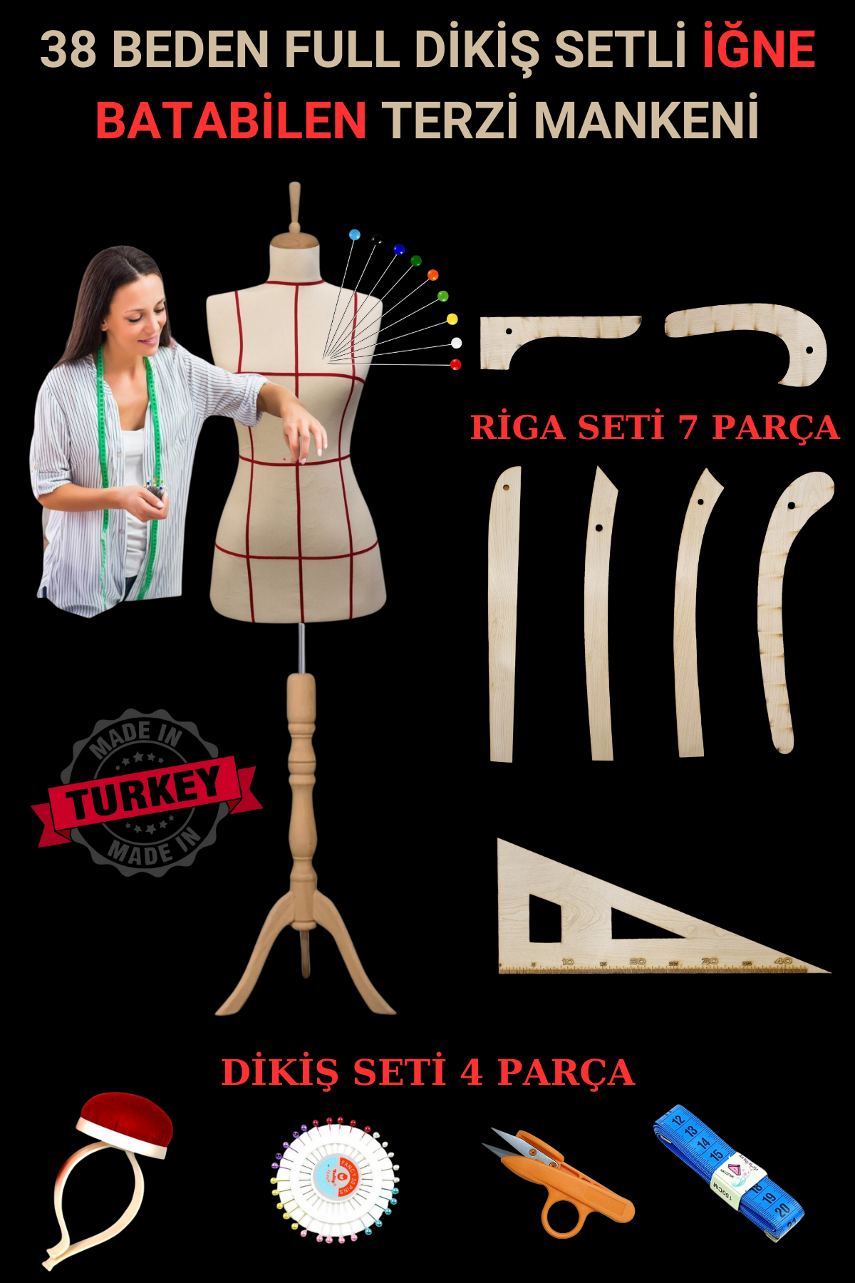 Riga - Dikiş Setli Sünger Terzi Mankeni Prova Mankeni 38 beden