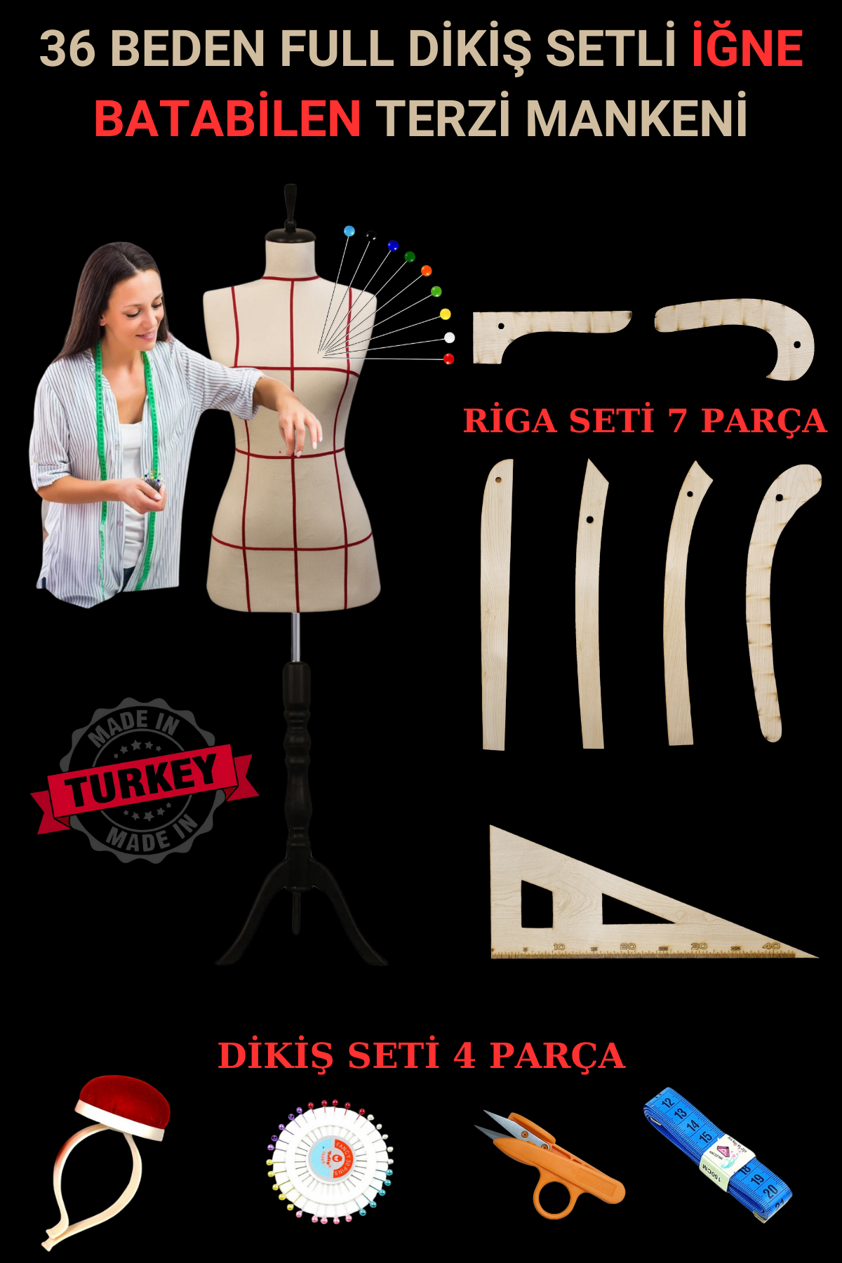 Riga ve Dikiş Setli Kılavuz Çizgili İğne Batabilen Terzi Mankeni Prova Mankeni