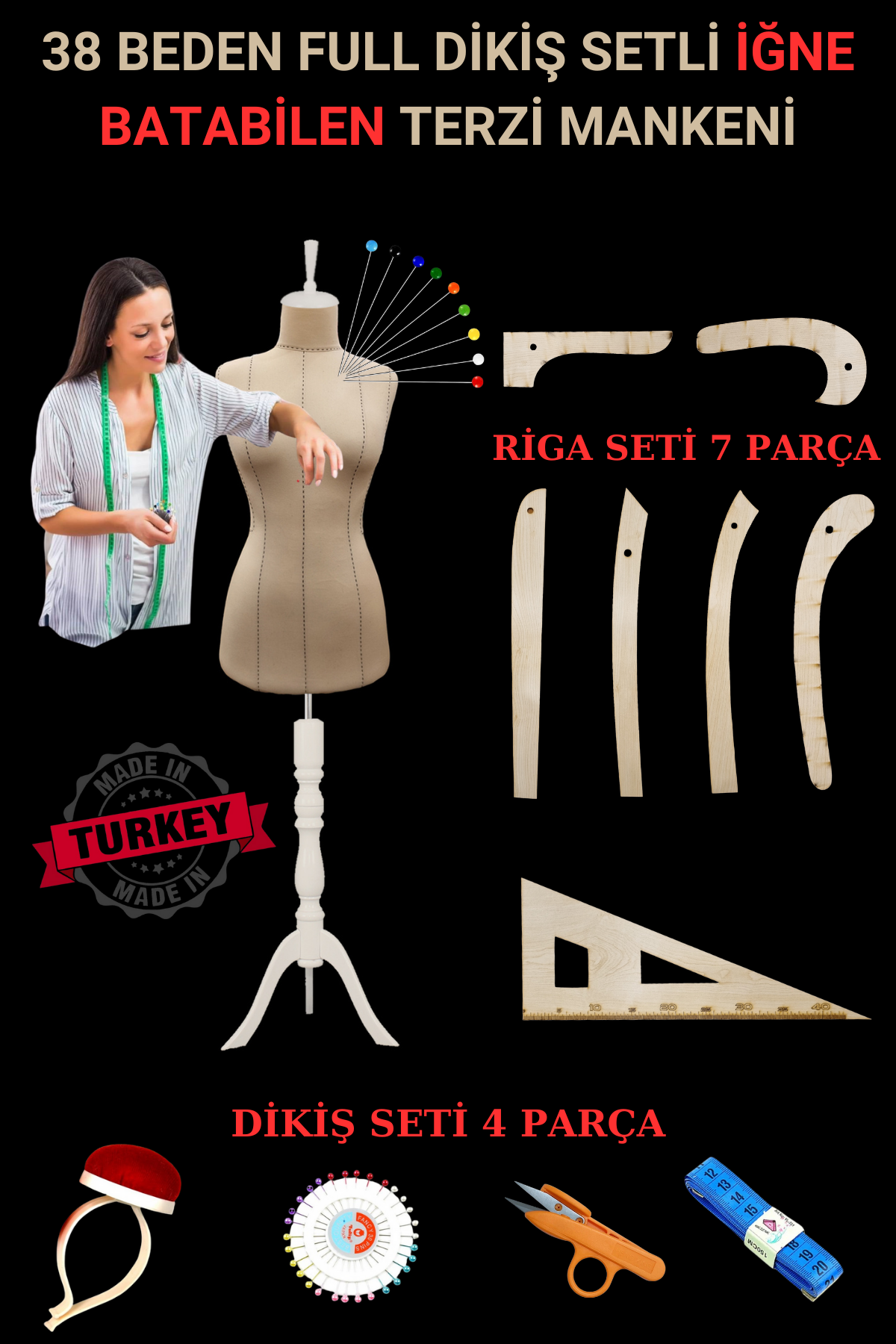 Riga - Dikiş Setli Punto Sünger Terzi Mankeni Prova Mankeni 38 beden