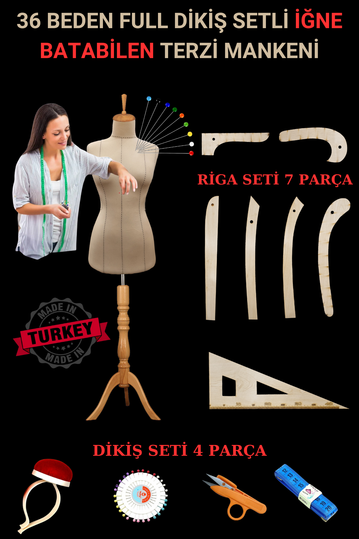 Riga - Dikiş Setli Punto Sünger Terzi Mankeni Prova Mankeni 36 beden