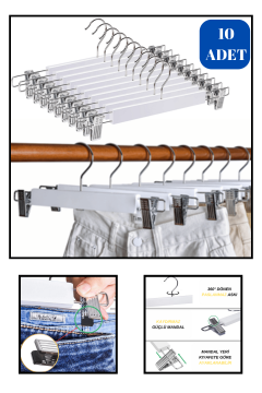 Delüks 10 Adet Beyaz Ahşap Pantolon Askısı Etek Askısı Kıyafet Askısı