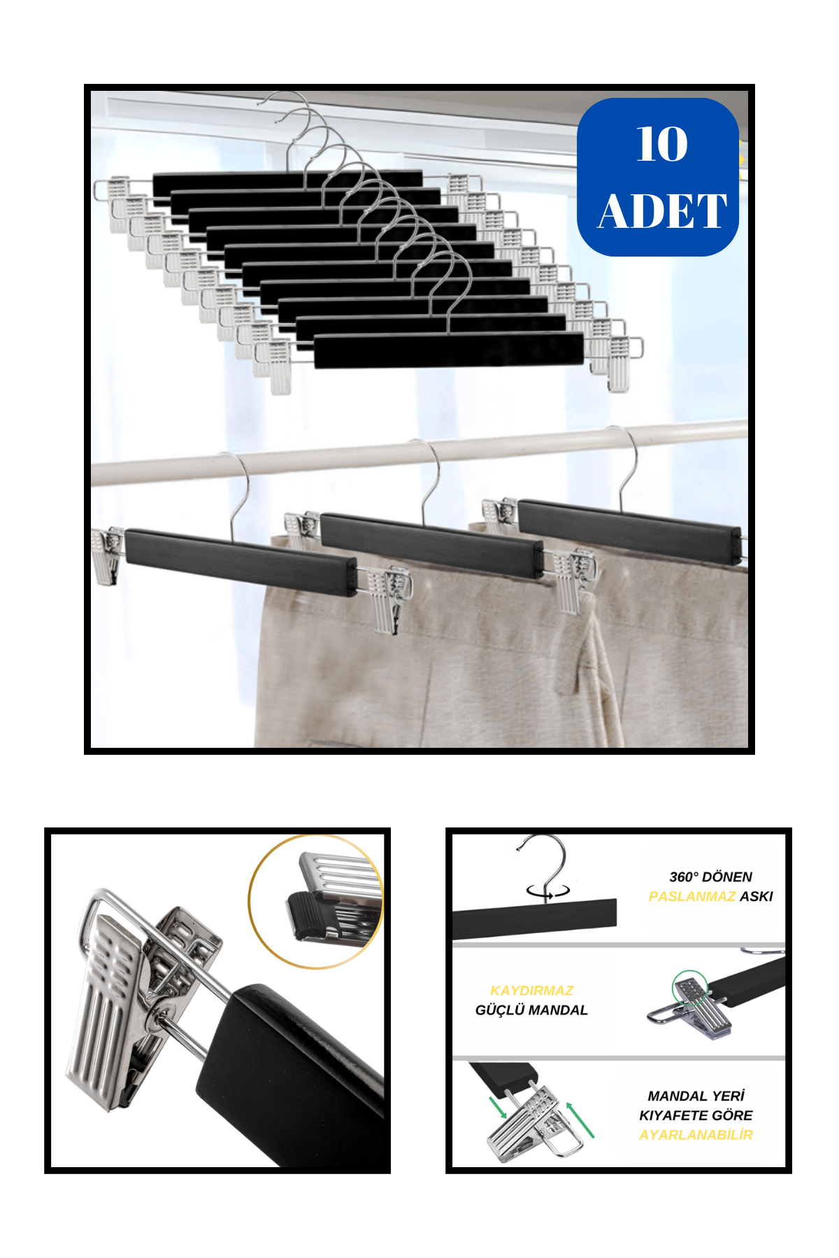 Delüks 10 Adet Beyaz Ahşap Pantolon Askısı Etek Askısı Kıyafet Askısı